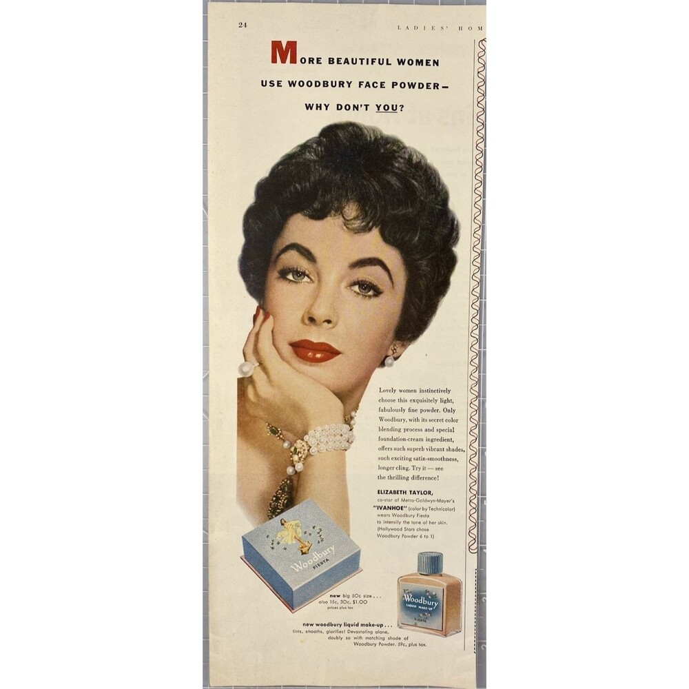 Woodbury Liquid Make-Up "Elizabeth Taylor: Beautiful Women Use It" Print Ad 50's